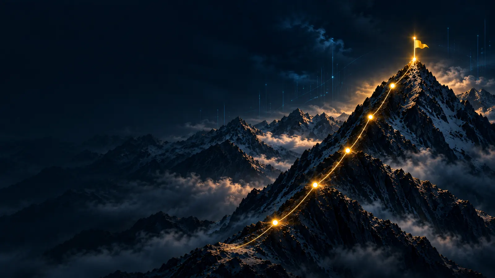 Montanha com caminho iluminado até a bandeira no topo